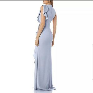 Carmen Marc Valvo Womens Blue Crepe Ruffled Evenin
